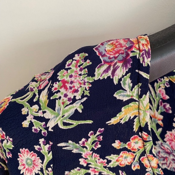 Y2K Vintage Floral Mini Dress – Navy Blue with Pink & Green Print, 3/4 Sleeves - Picture 12 of 13